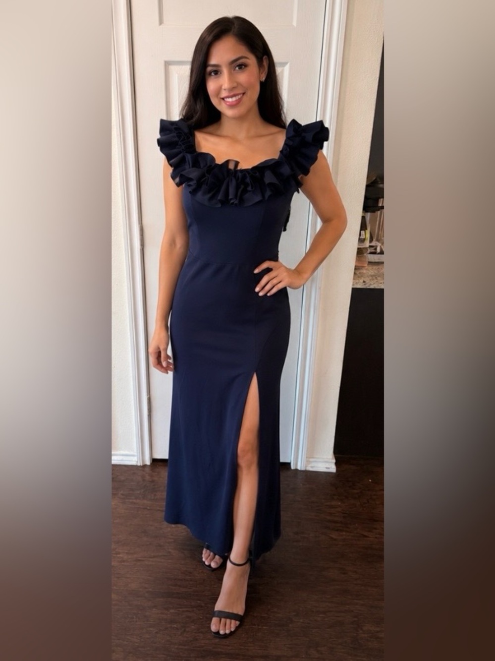 Xscape Navy Ruffled Off-Shoulder Maxi Dress with Side Slit